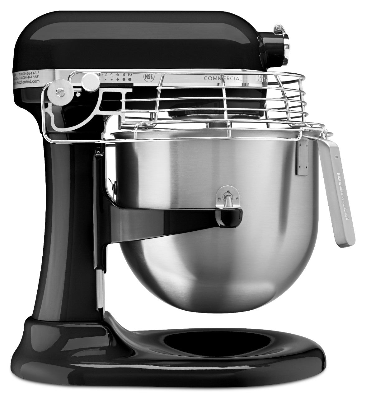 A sleek black KitchenAid Commercial Stand Mixer with an 8 quart bowl and a metal safety guard. The tilt-head design features a handle on the stainless steel bowl, sitting on a shiny curved base with control knobs and labels visible on the side.