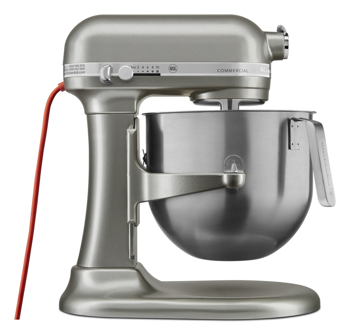 A silver KitchenAid Commercial Stand Mixer with an 8 quart stainless steel mixing bowl features PowerCore technology, a speed control knob, sturdy base, and red power cord. The handled bowl is securely attached to the stand and labeled “Commercial.”.