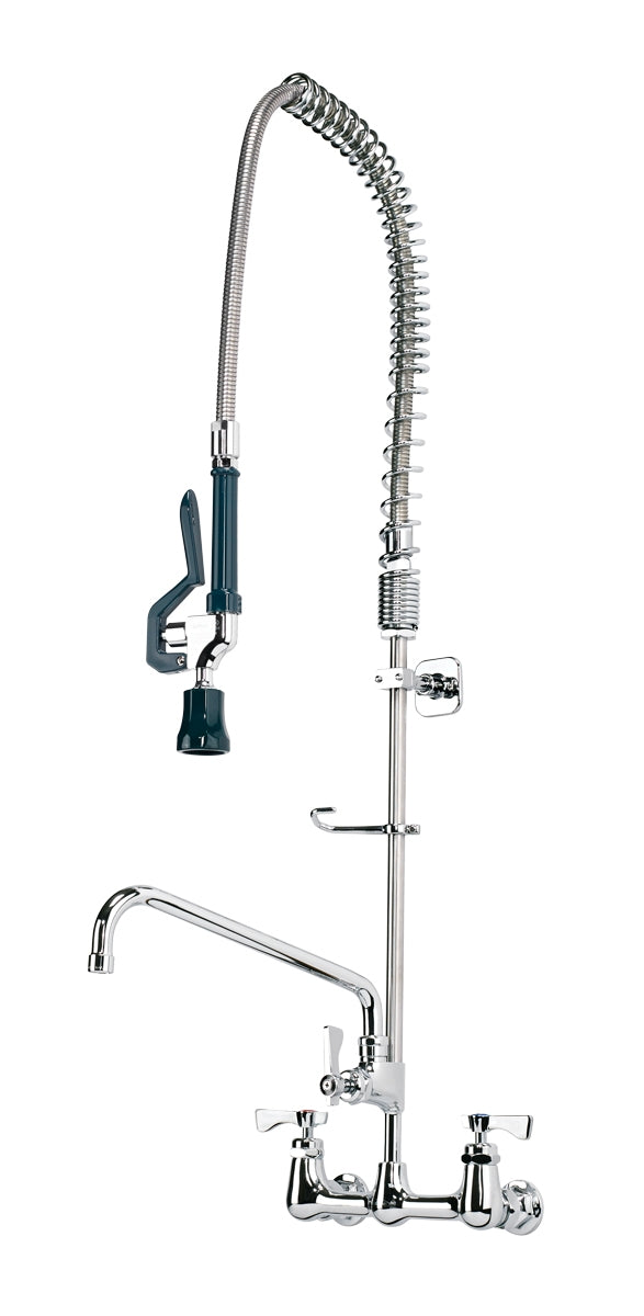A commercial kitchen pre-rinse assembly with a tall, flexible spring coil hose and spray nozzle, plus a standard spout. This chrome wall mount fixture features two cross handles for hot and cold water, and a lever for the spray wand.