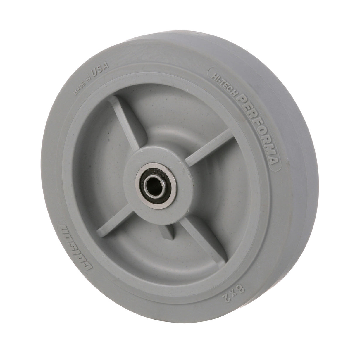 A gray, solid rubber caster wheel with a Delrin bearing at the center. The wheel diameter is 8" with three spokes and embossed text “HI-TECH PERFORMA,” “MADE IN USA,” and “8 x 2.” Compatible with Lakeside 9044 carts. Smooth, durable surface.