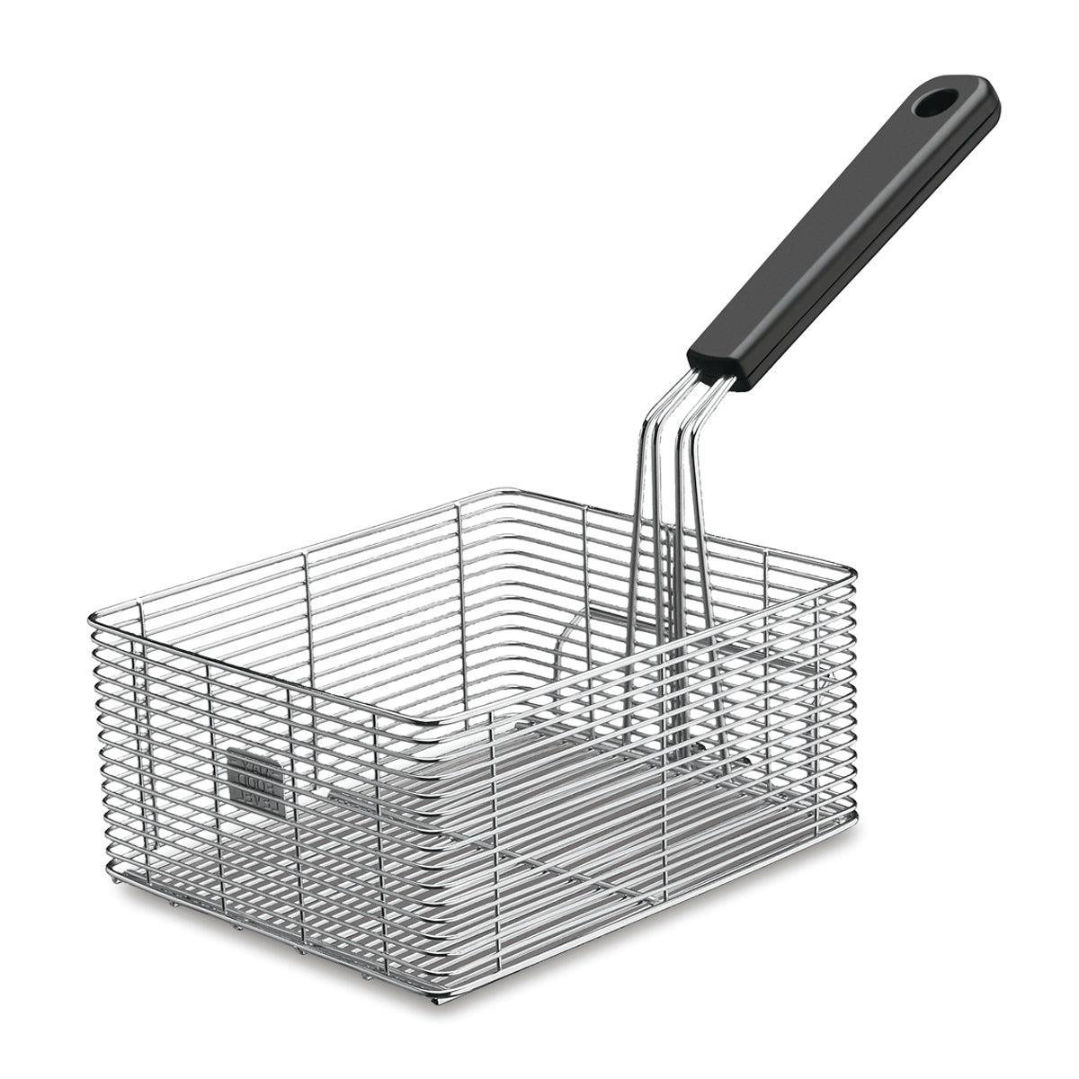 A rectangular steel wire fryer basket with a black plastic handle. The basket has a grid-like pattern and is designed for deep frying food in 10-lb fryers, featuring straight sides and a long handle for safe handling. The background is plain white.