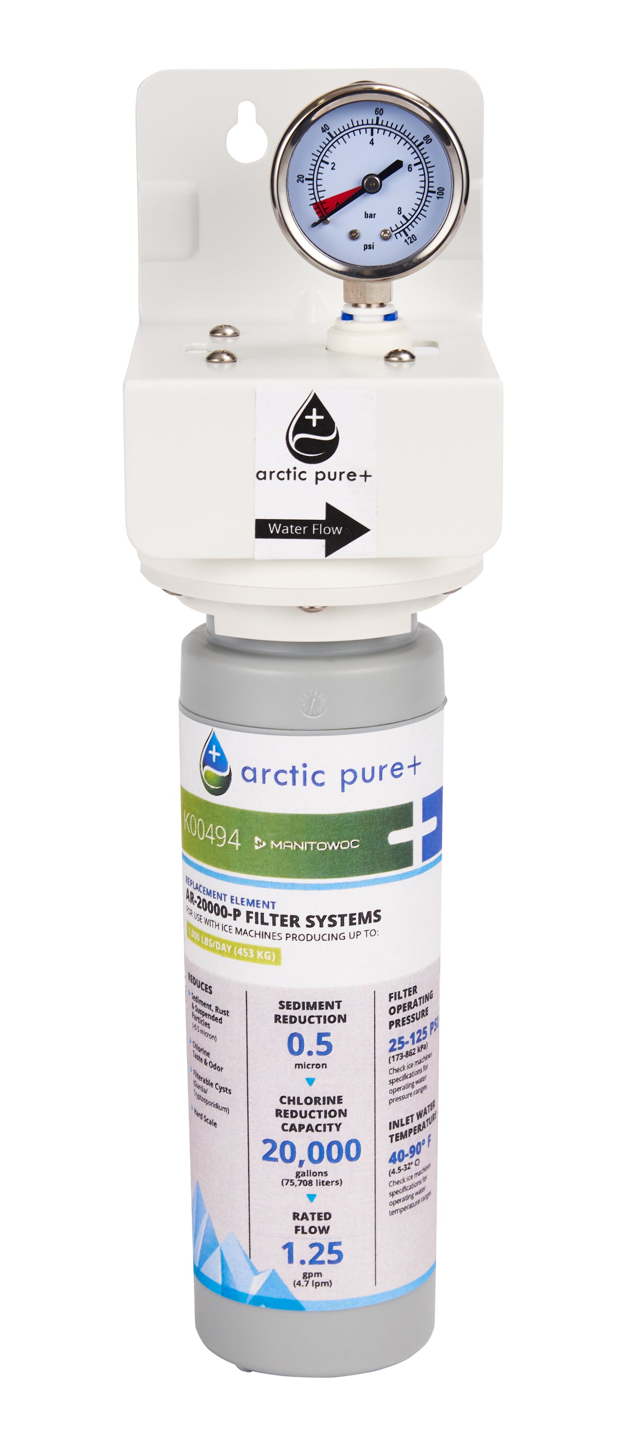 A Manitowoc water filter assembly labeled “Arctic Pure Plus” is vertically mounted in a white bracket with a gauge on top. The gray and white cartridge, accented in blue, lists specs and features designed for ice machines.