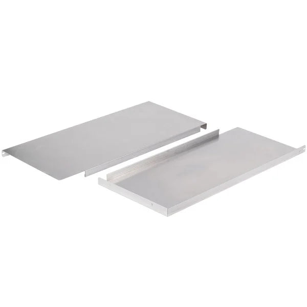 Two rectangular, flat metal sheets are shown side by side on a white background. Shaped like shallow trays with 90-degree bends, these smooth reflective pieces resemble ice deflectors used in Manitowoc 30 inch dual ice machines.