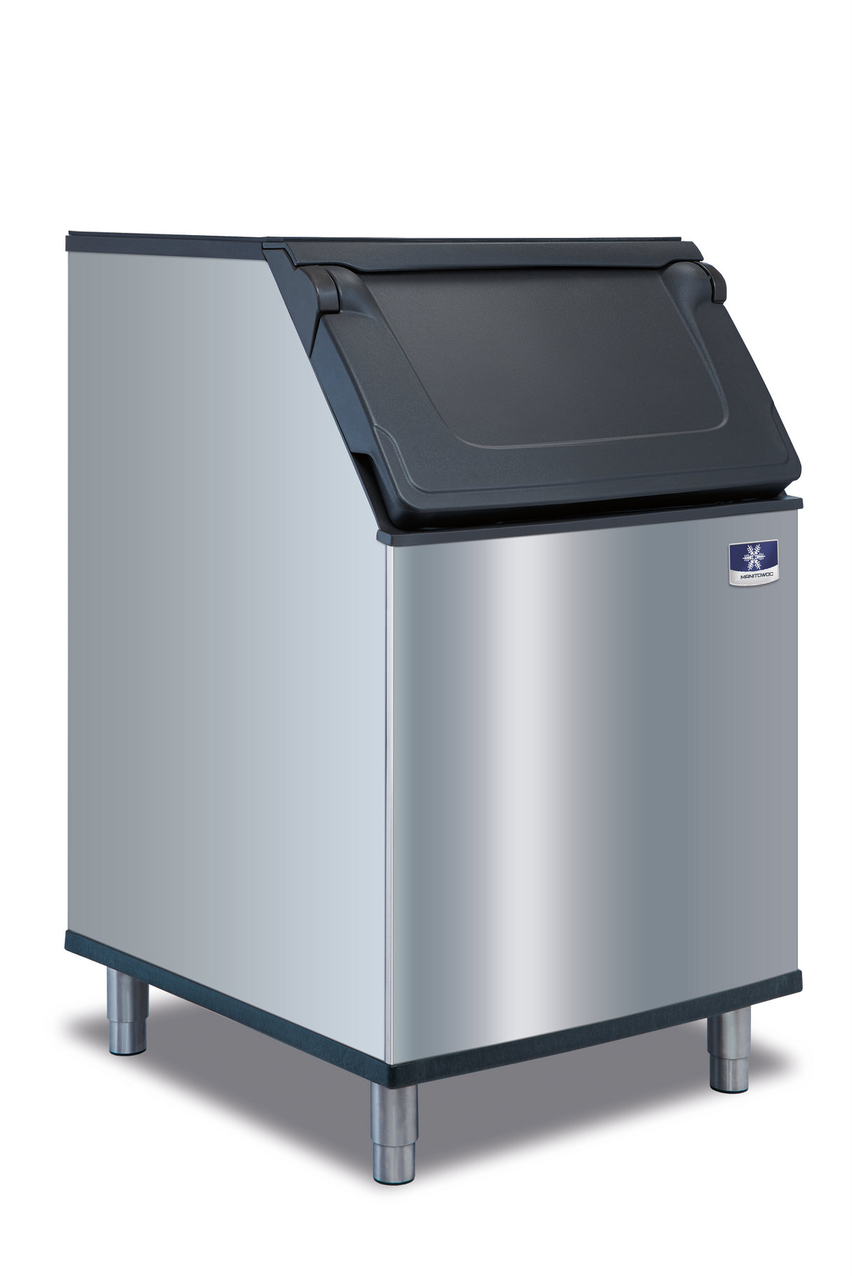 A stainless steel ice bin with a Duratech exterior and large black plastic lid, standing on four short metal legs. The rectangular bin features a slightly sloped front and a small blue logo on the upper right corner, ideal for a top-mounted ice maker.