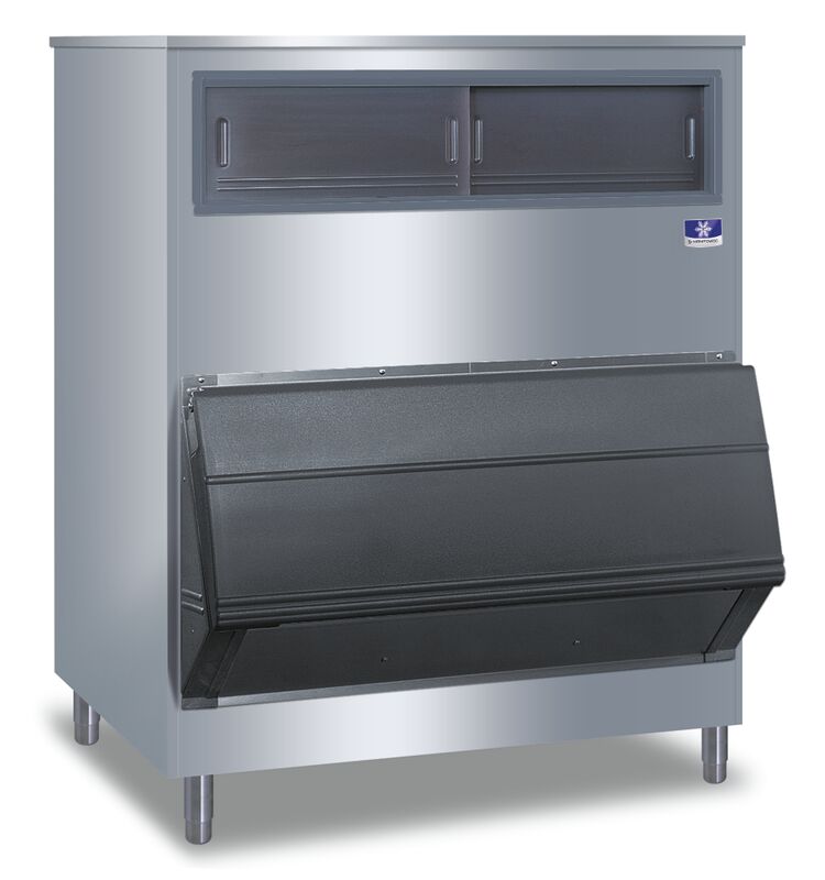 A large commercial ice machine with a stainless steel body and four metal legs, featuring an upright ice storage bin. It has two black sliding doors up top and a wide, black front door for easy access to the Manitowoc F1300's abundant ice supply.