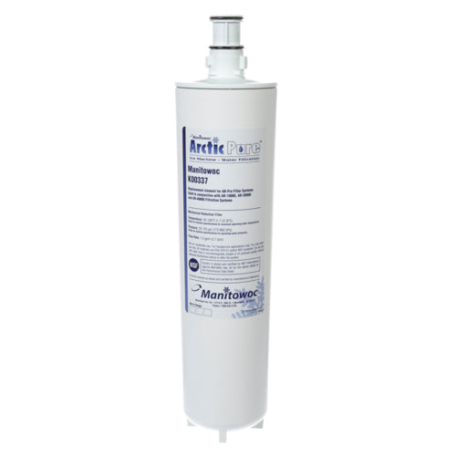 A cylindrical white Arctic Pure filter Manitowoc K00337 water pre-filter cartridge stands upright against a white background. The label displays product details, certification logos, and blue text with the Manitowoc logo near the bottom.