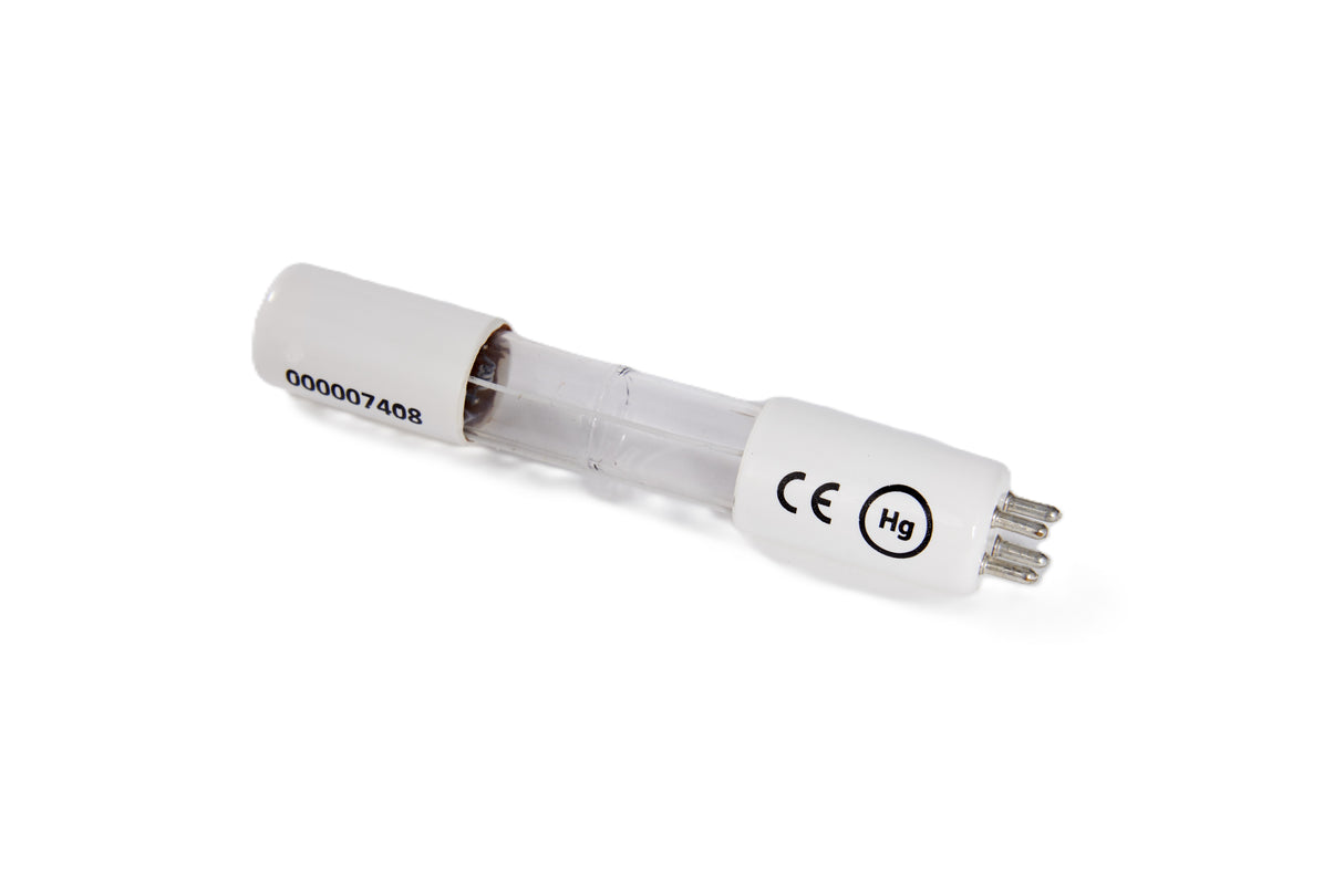 A cylindrical Manitowoc UV Replacement Bulb (K00425) with white ceramic ends, three metal pins for connection, and a transparent glass tube in the center. CE and Hg (mercury) markings plus a serial number are printed on one end.