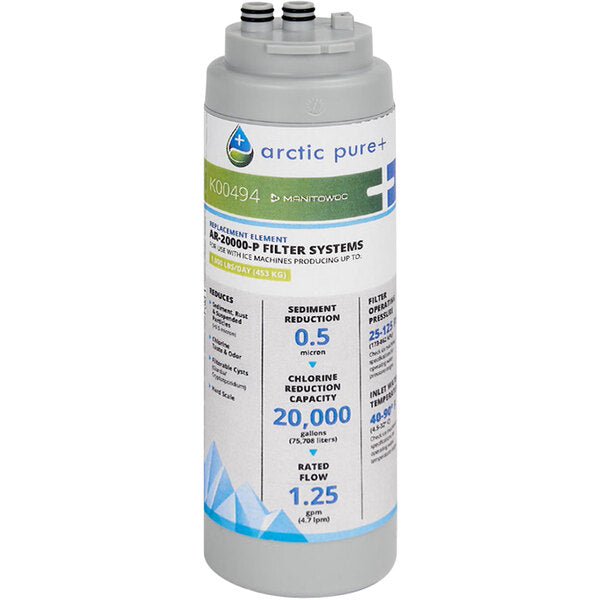 A gray cylindrical Arctic Pure+ AR-20000-P replacement water filter cartridge labeled K00494. The label lists specs: 0.5 micron, 20,000-gallon chlorine reduction, 1.25 GPM flow, and compatibility with Manitowoc ice machines. Blue and white accents are visible.