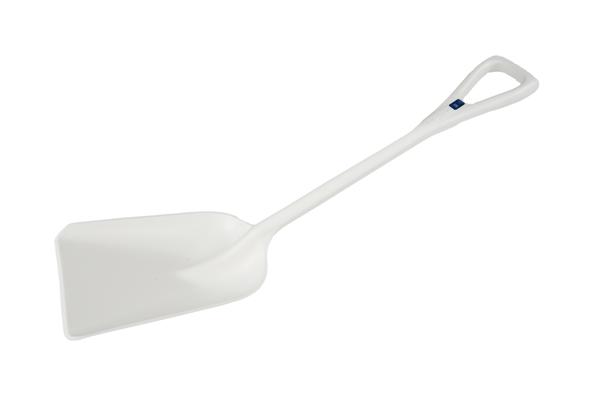 A white, plastic ice shovel with a wide, flat blade and a triangular grip handle. Perfect for scooping ice, this NSF certified shovel is photographed diagonally on a plain white background with the blade down and handle up to the right.