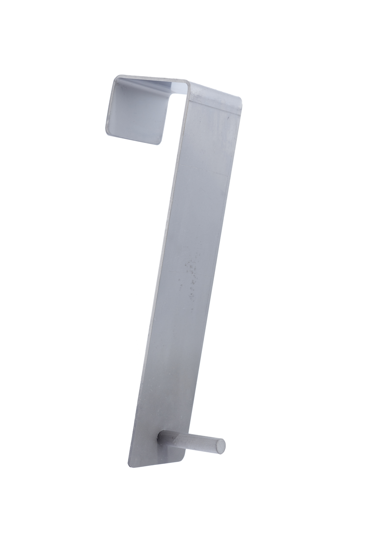 A silver metal replacement storage hook with a rectangular flat body, a right-angle bend at the top for hanging, and a cylindrical peg near the bottom front, photographed on a white background—ideal for LB-style ice storage bins or holding an ice scoop.