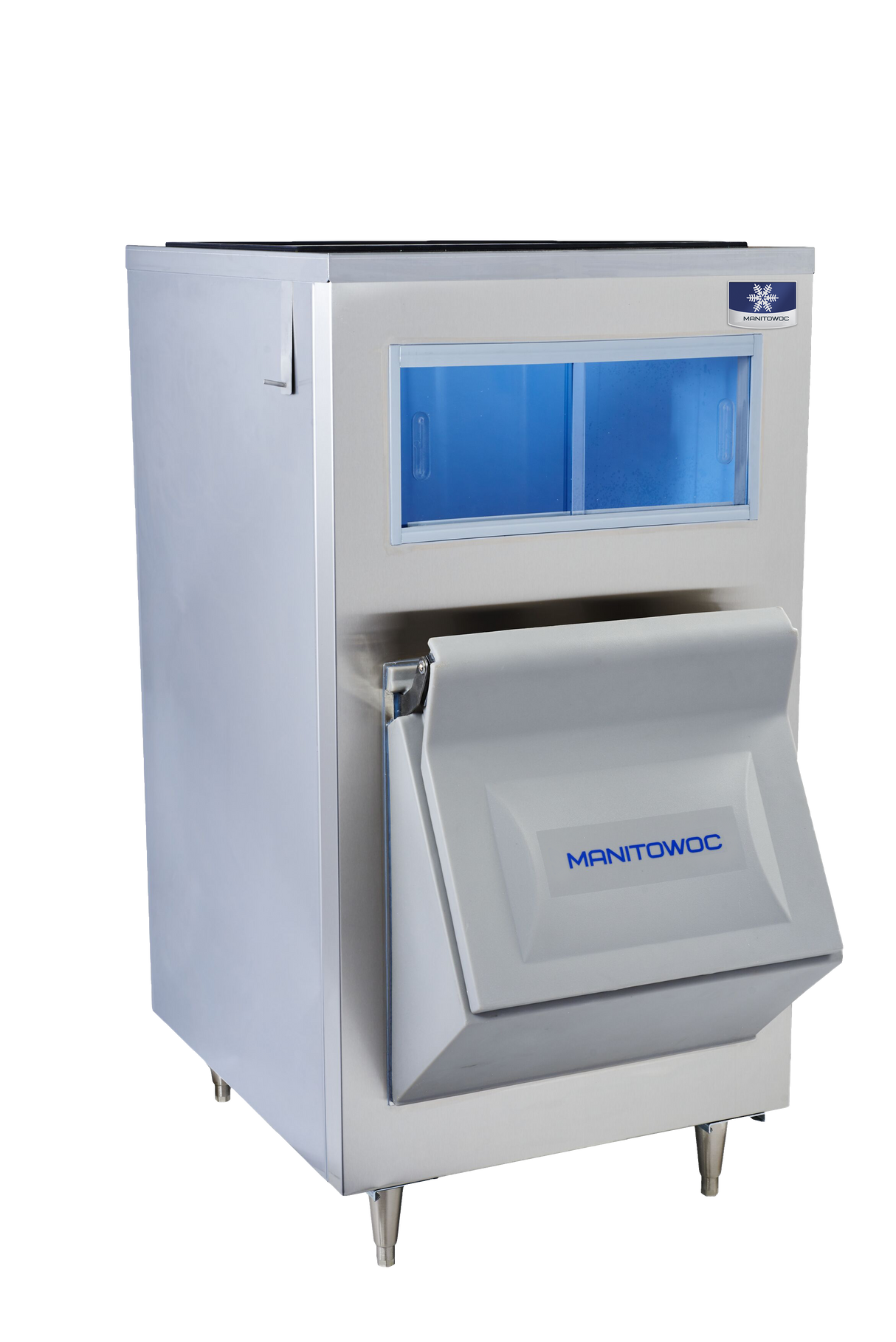 A stainless steel Manitowoc LB0730 with a front blue-lit window and an open gray ice storage bin below, angled outward. The machine stands on four metal legs and features a sleek, modern design against a white background.