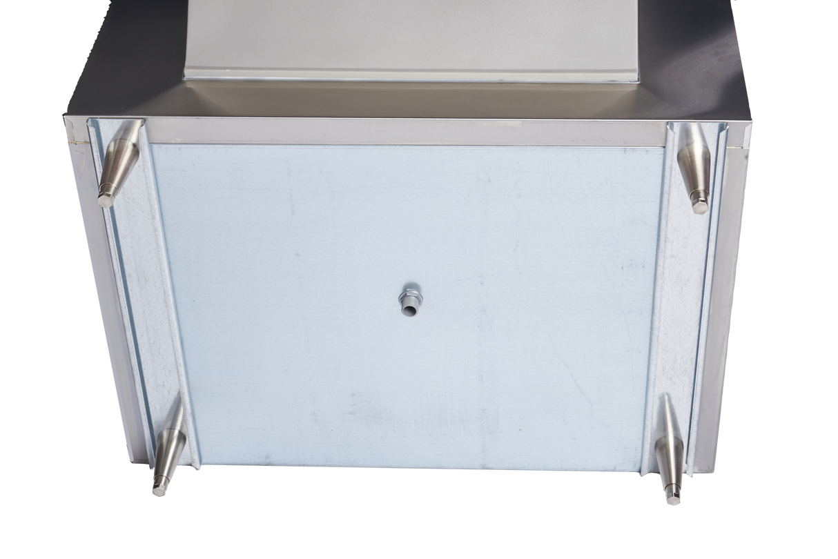 A close-up of a rectangular stainless steel box with a plain, light gray front panel. Four metal bolts extend from the corners, and a small, round nozzle protrudes from the center. The background is plain white—ideal for ice storage needs.