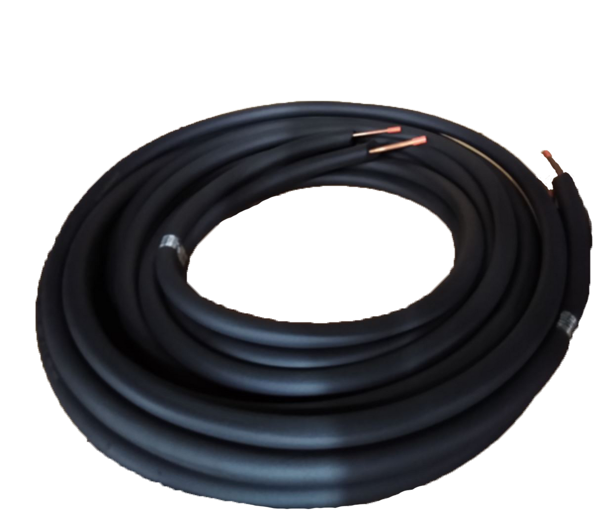 A 30 ft coiled length of thick black cable with exposed copper wire ends, shown against a plain white background. The cable is neatly wound in a circular shape, and both ends are visible, revealing the inner copper conductors. Ideal for Manitowoc tubing needs.
