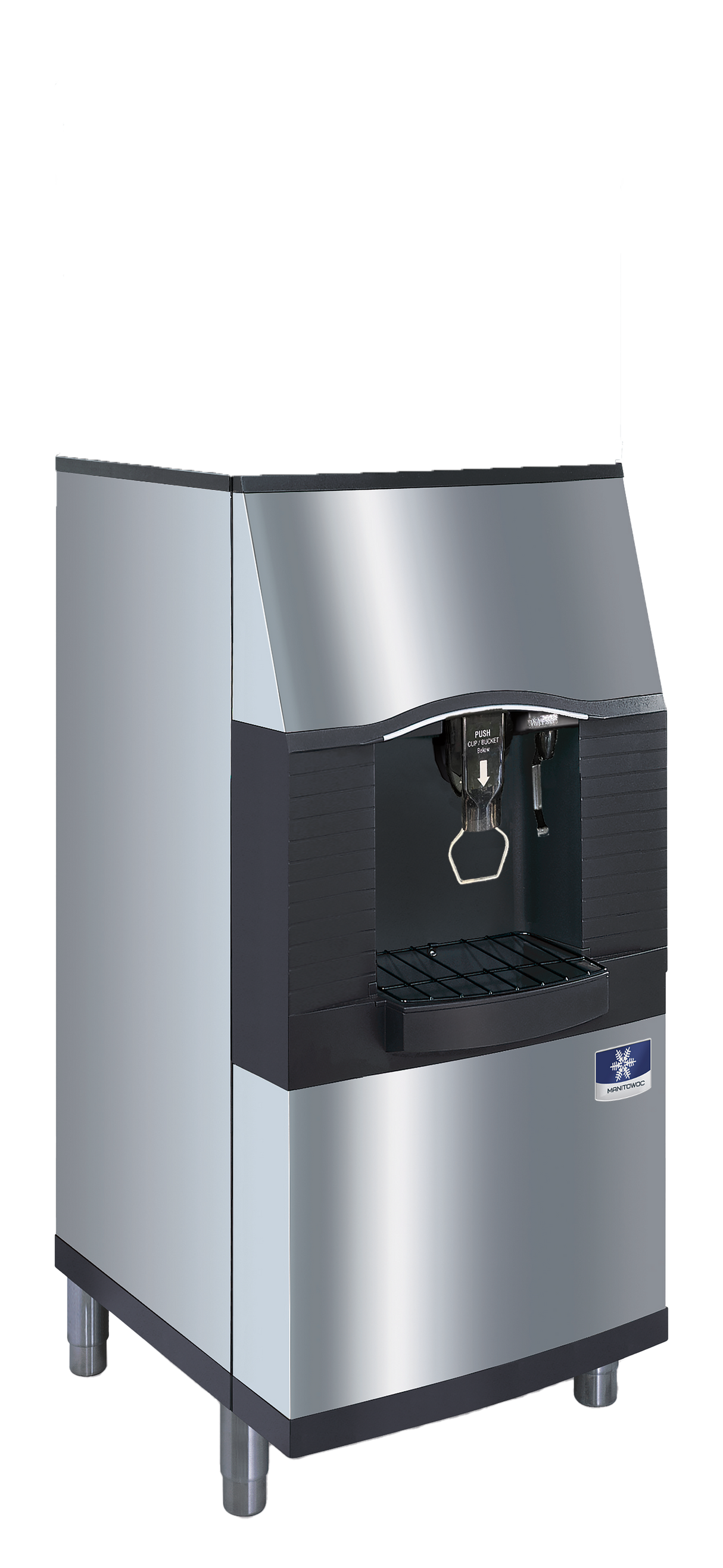 A stainless steel, AHRI certified commercial vending ice dispenser with a black accent panel, angled front, water and ice spouts, and a drip tray beneath. It stands on four short legs and features a blue manufacturer’s logo on the lower right front.