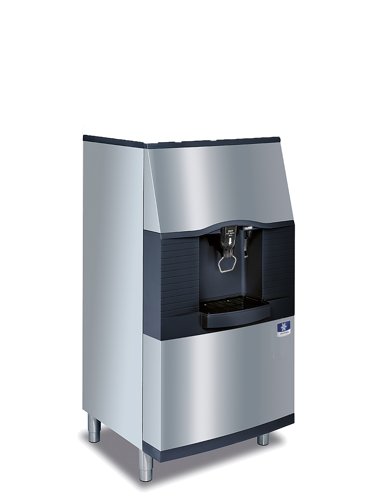 A modern silver and black Vending Ice Dispenser with a touchless lever, dispenser, drip tray, and short legs. The machine features a sleek angular design, digital display above the dispensing area, and metallic surface with black accents.