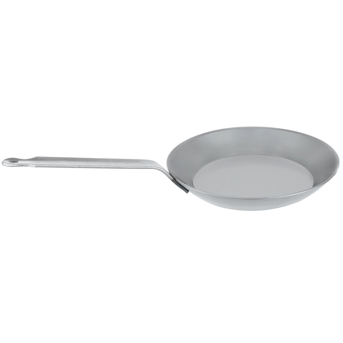 Commercial-grade Matfer Bourgeat 062003 black steel fry pan showing flat cooking surface and long handle