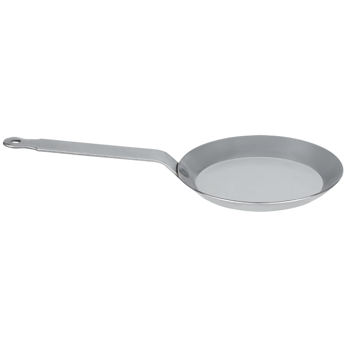 Side view of Matfer Bourgeat 7 inch crepe pan showing smooth black steel cooking surface and compact round design