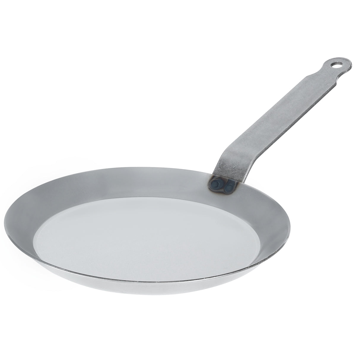 Matfer Bourgeat 7-7/8 inch black steel crepe pan with sturdy welded handle, ideal for commercial crepe making