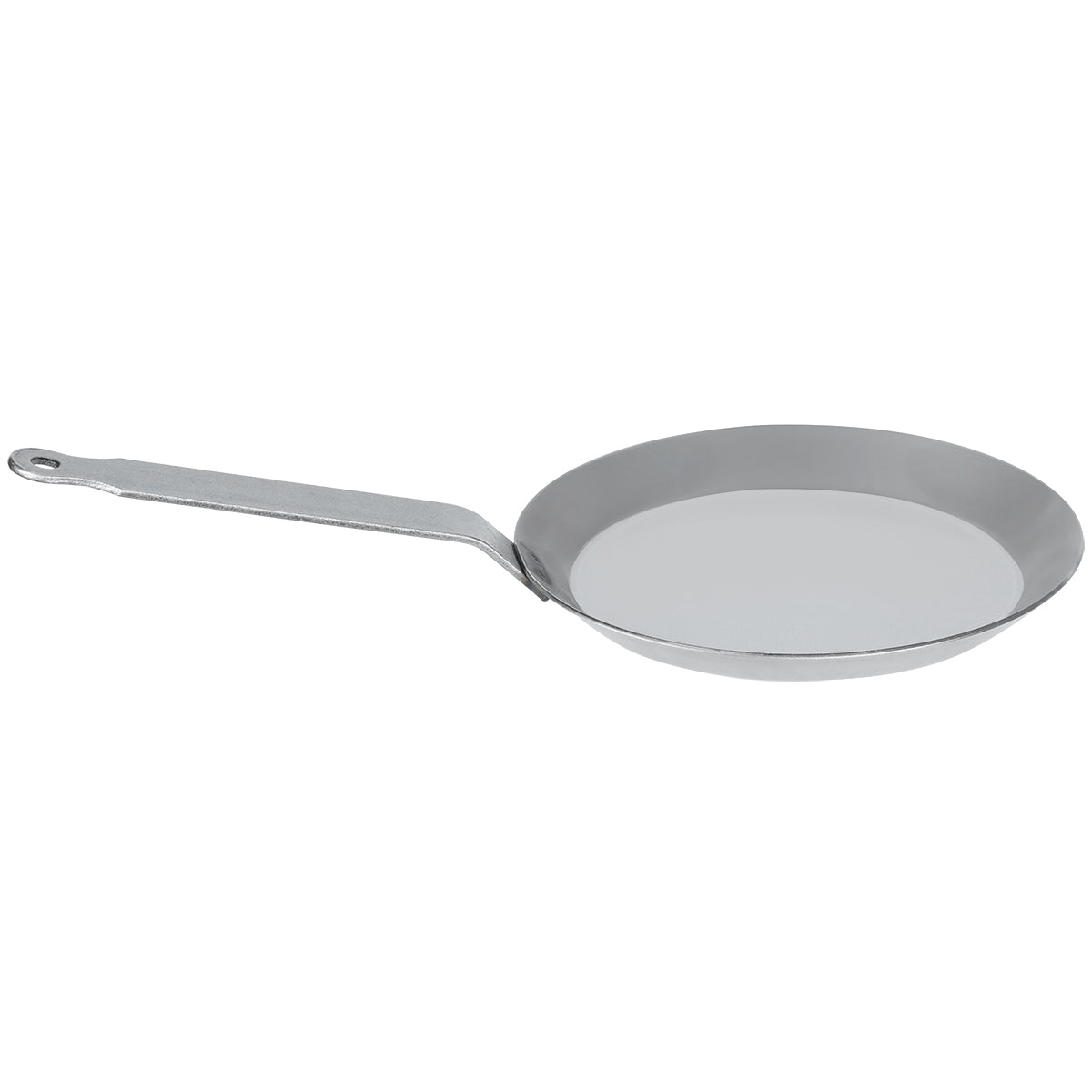 Side angle of Matfer Bourgeat black steel crepe pan with ergonomic iron loop handle for use on any cooktop