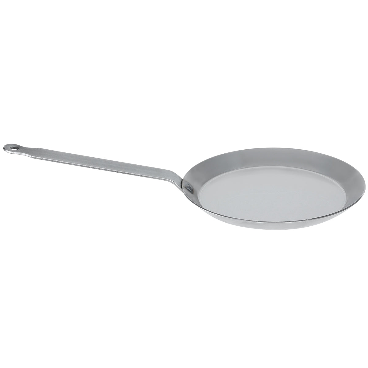 Matfer Bourgeat 8-5/8 inch black steel crepe pan with welded iron handle, designed for professional crepe making