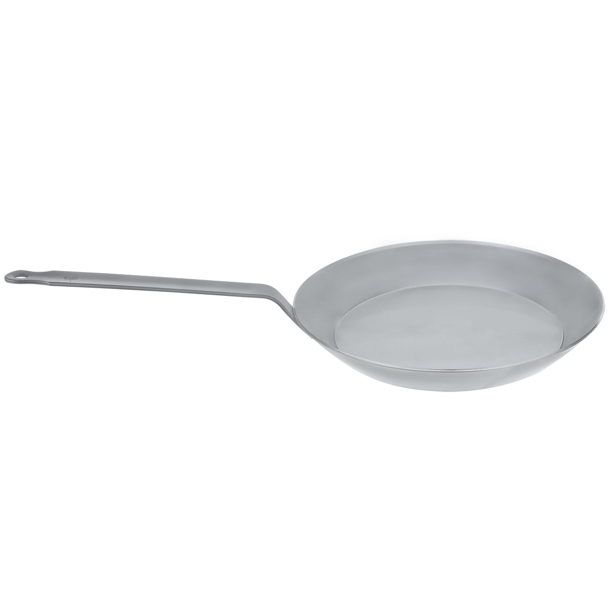 Side angle of Matfer Bourgeat black steel frying pan showcasing long strip handle for professional restaurant use