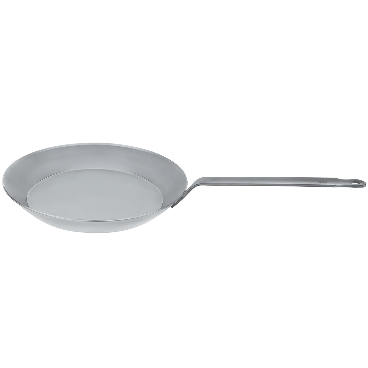 Top view of Matfer Bourgeat black steel frying pan, 12-5/8 inch diameter for gas, electric, and induction cooktops