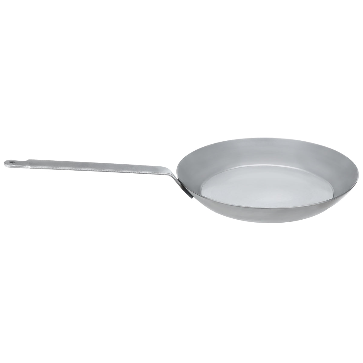 Long-handle view of Matfer Bourgeat 14-1/8 inch black steel frying pan for use on gas, electric, or induction cooktops