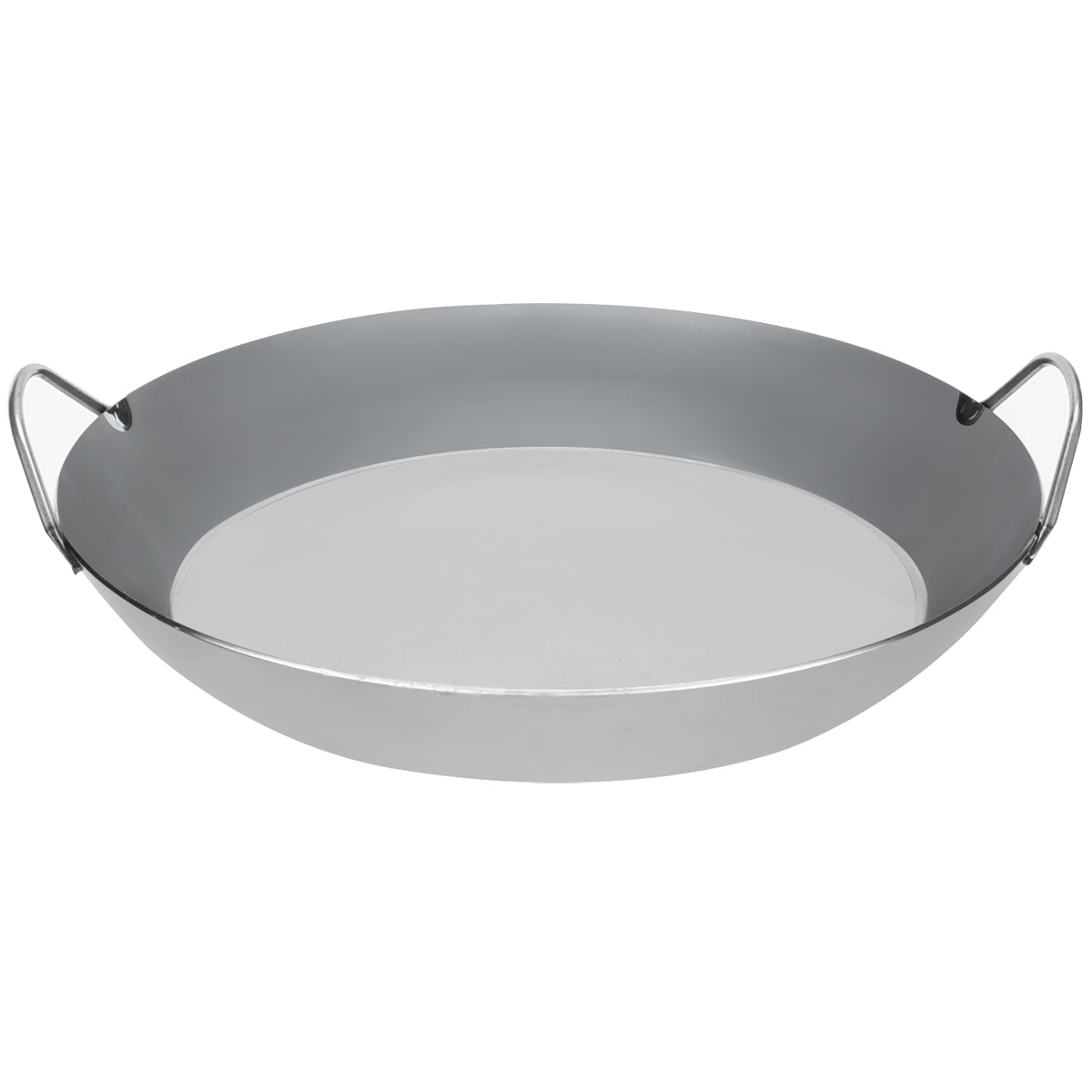 Angled view of Matfer Bourgeat paella pan, showing sturdy black steel body and twin side handles for secure grip