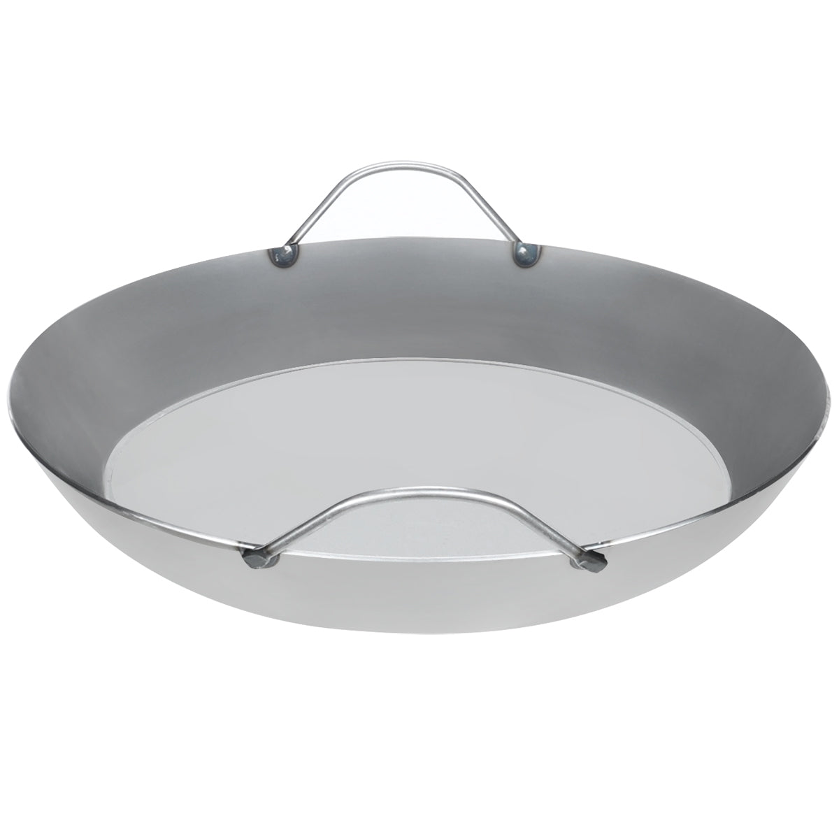 Top-down view of 15-3/4 inch Matfer Bourgeat paella pan, compatible with gas, electric, and induction cooktops
