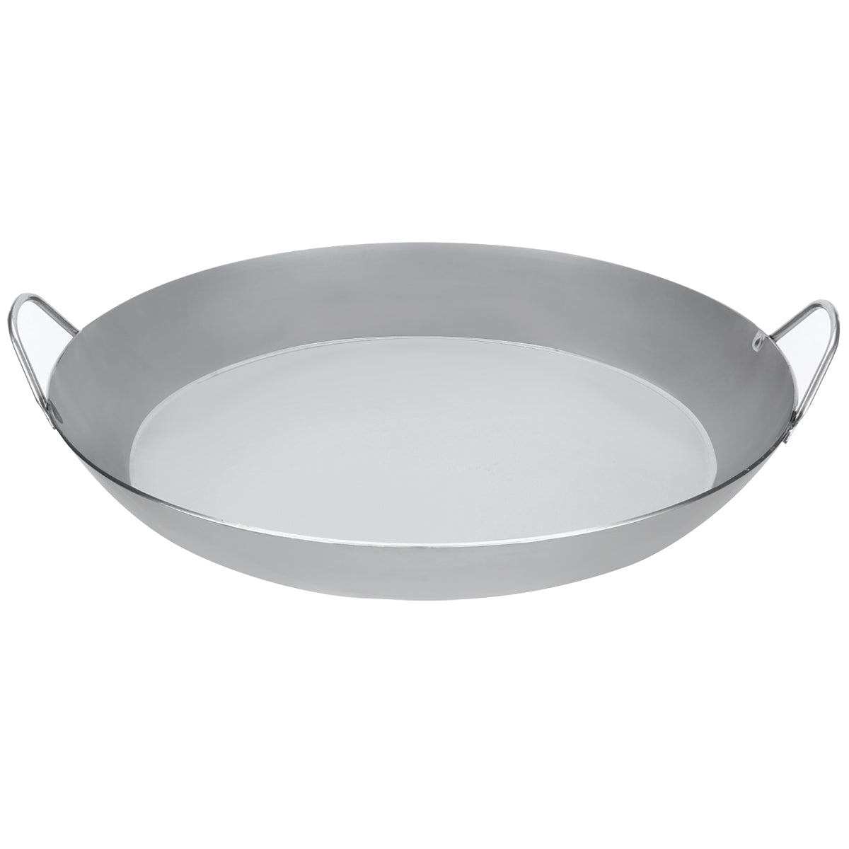 Side view of Matfer Bourgeat paella pan, 17-3/4 inch, featuring durable construction and dual side handles