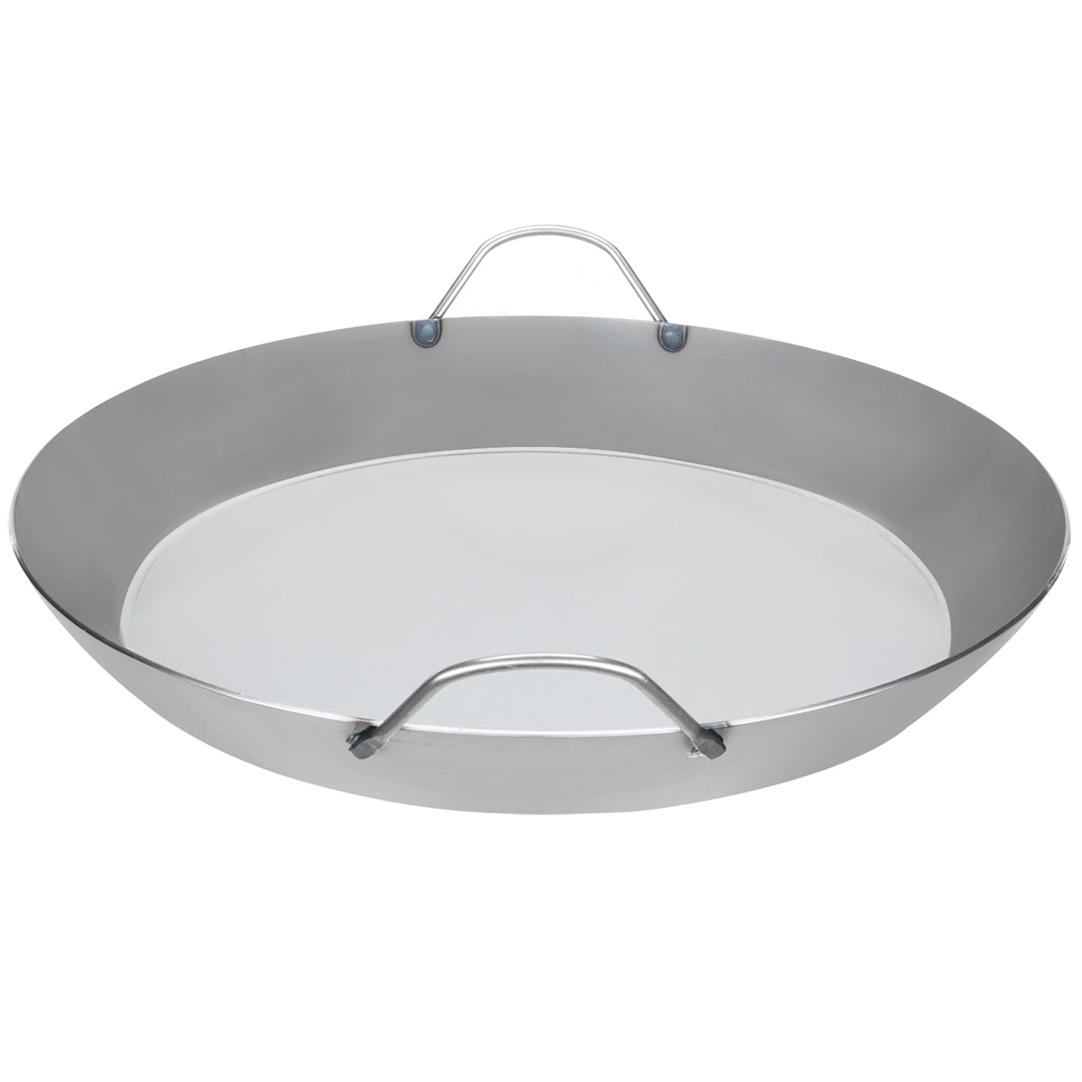Top-down image of Matfer Bourgeat black steel paella pan, suitable for all cooktops including induction