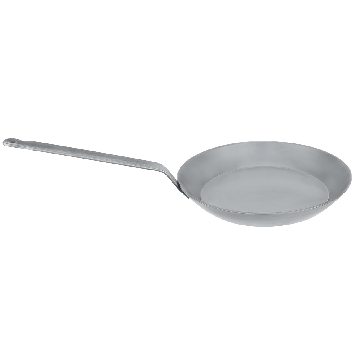 Black steel Matfer Bourgeat frying pan with strong riveted handle, angled view for showcasing flat cooking surface