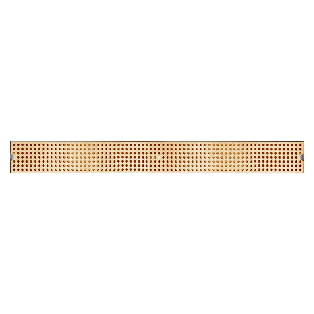 A long, narrow rectangular strip of perforated prototyping board (stripboard). The board is brown with evenly spaced holes in a grid, similar to those found on a stainless steel drip tray, and copper strips running lengthwise along the back.