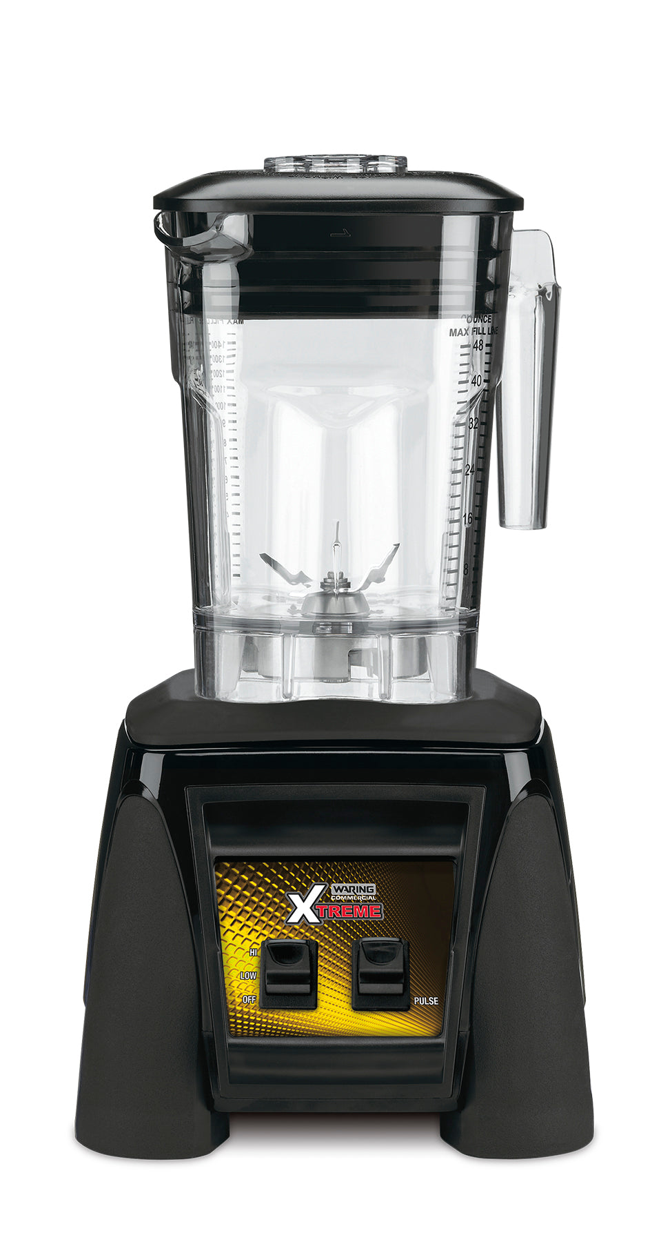 A commercial-grade, high-power blender with a clear BPA free plastic pitcher, black handle, and sturdy black base. The front panel features two switches—ON/OFF and PULSE—and displays a colorful Xtreme logo.