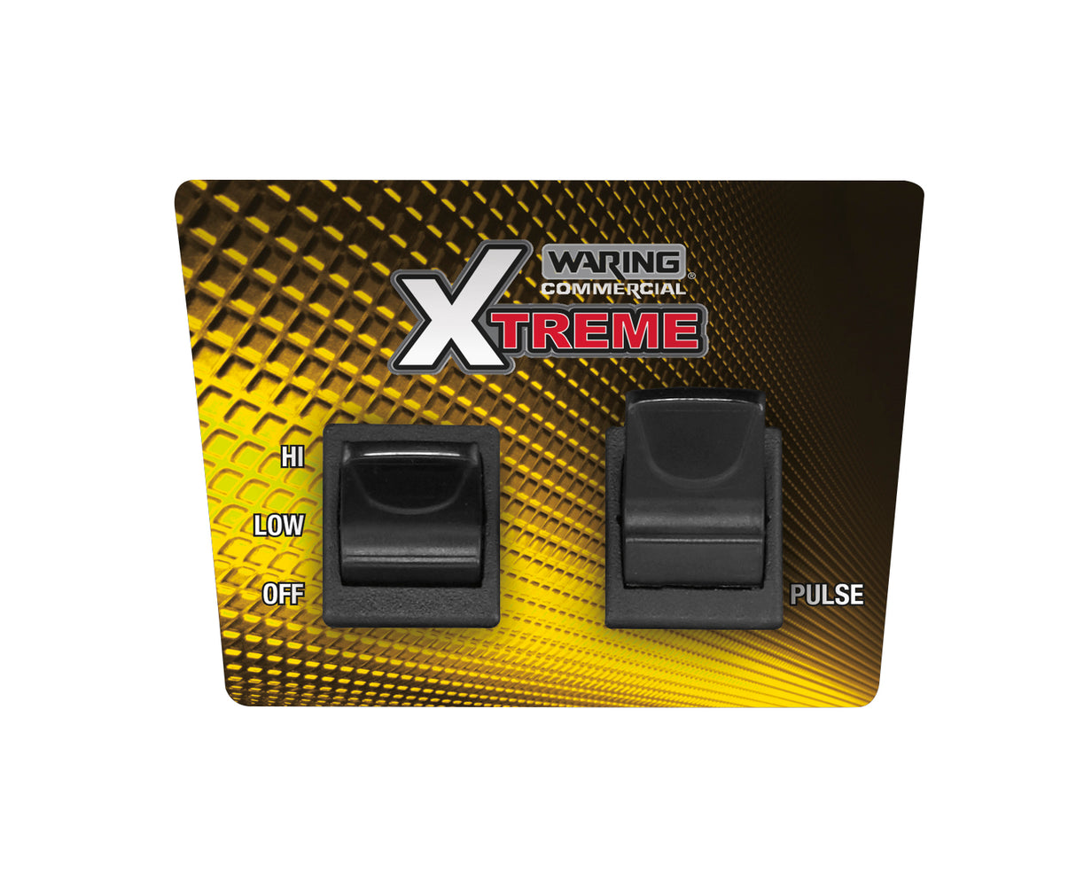 A control panel features two black switches: the left is labeled HI, LOW, and OFF, the right PULSE. The metallic yellow and black background displays “Waring Commercial Xtreme,” a high-power blender proudly made in the USA.