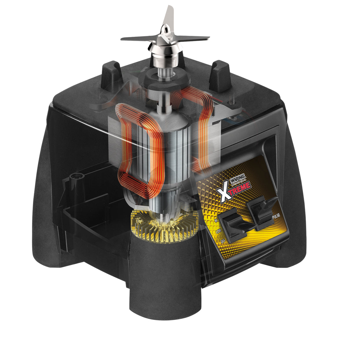 A black, box-shaped electric sharpener is shown with a cutaway view. Visible inside are copper coils, a central rotating shaft with a propeller, and yellow gears. The exterior has a yellow Xtreme Power label and two black switches, like a high-power blender.