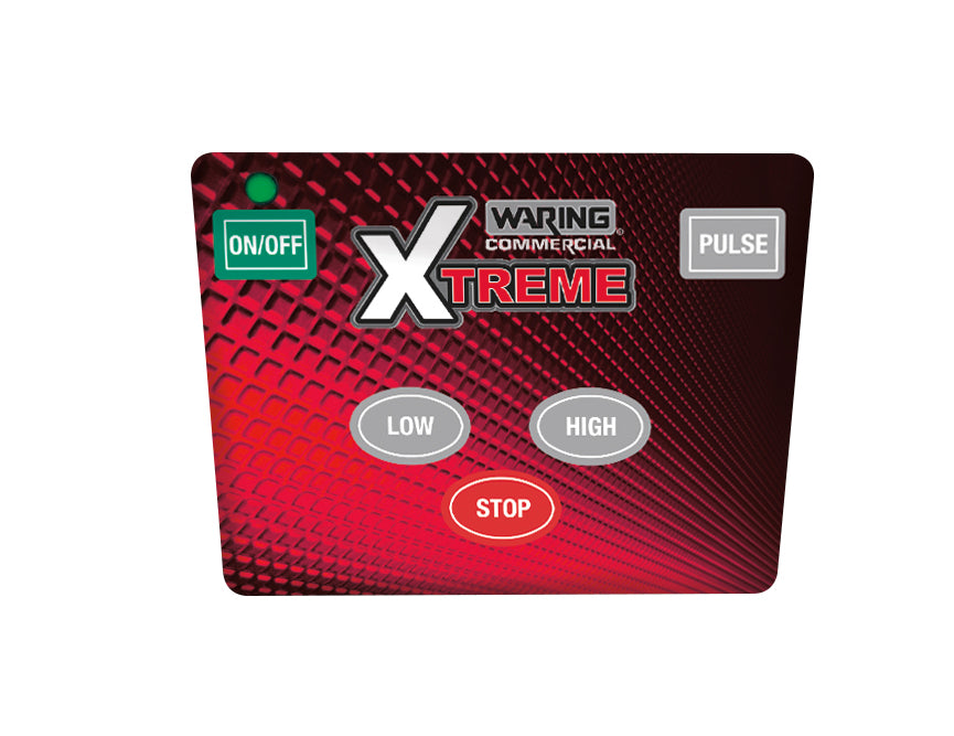 Rectangular red control panel for a Waring Commercial Xtreme High-Power Blender, featuring a green On/Off button, gray Pulse and speed buttons, and a prominent red Stop button in the center.
