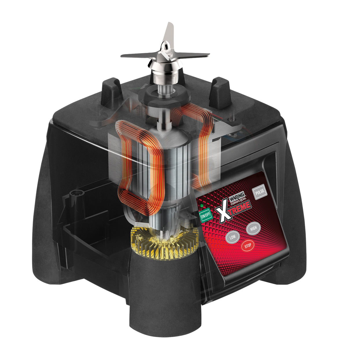 A black High-Power Blender base is shown in cross-section, revealing internal copper coils, gears, and a spinning blade assembly. The front displays a digital control panel with “Pulse,” “Stop,” “Start” buttons and an “Xtreme” logo on the screen.
