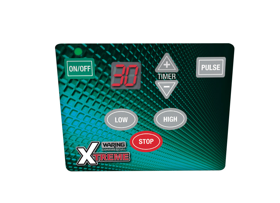 A control panel for a heavy duty blender, featuring an ON/OFF button, digital display showing “30,” timer adjustment arrows, PULSE button, LOW and HIGH speed buttons, and a prominent red STOP button, all on a textured green background.