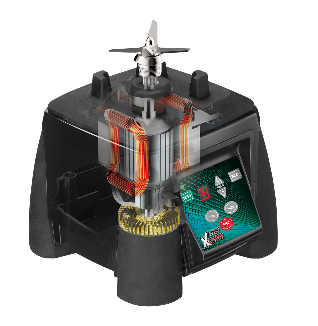 A high-power blender base is shown in a partially transparent, cutaway view revealing copper coils, metal gears, a control board with digital display, and a rotating blade assembly on top. The digital screen shows numbers and several touch buttons.