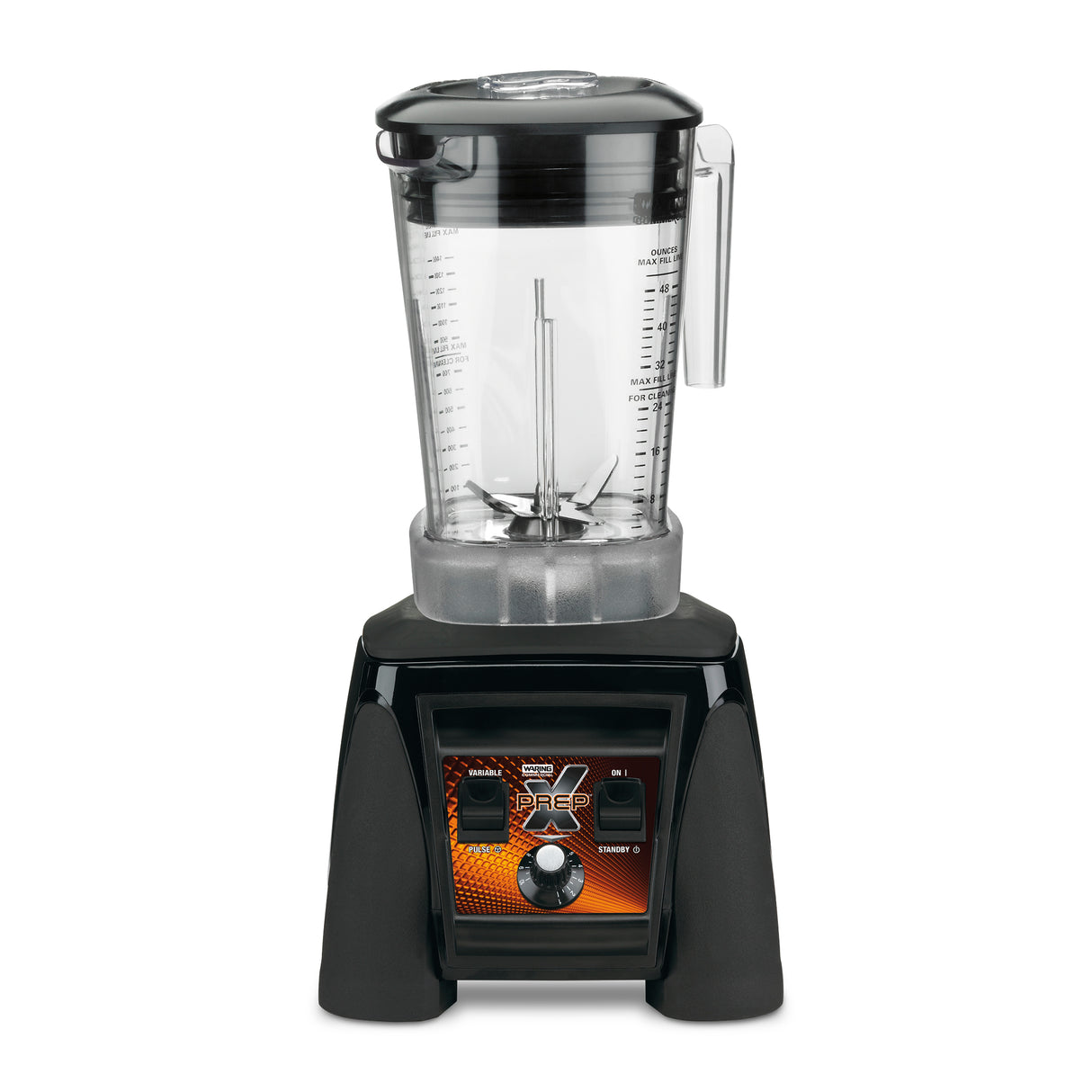 A high-power BPA free blender with a large clear plastic pitcher, measurement markings, and a black handle. The black base features a front control panel with a dial, two switches, and an orange patterned background.