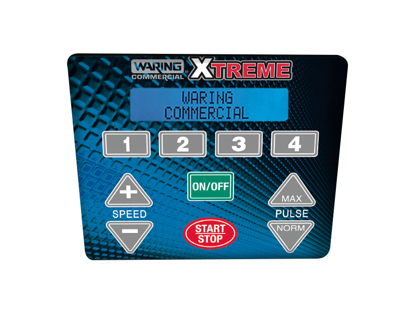 A control panel for a Waring Xtreme high-power blender features a digital display, number buttons 1 to 4, a green ON/OFF button, red START/STOP, SPEED arrows, PULSE/NORM, MAX, and a textured blue background.