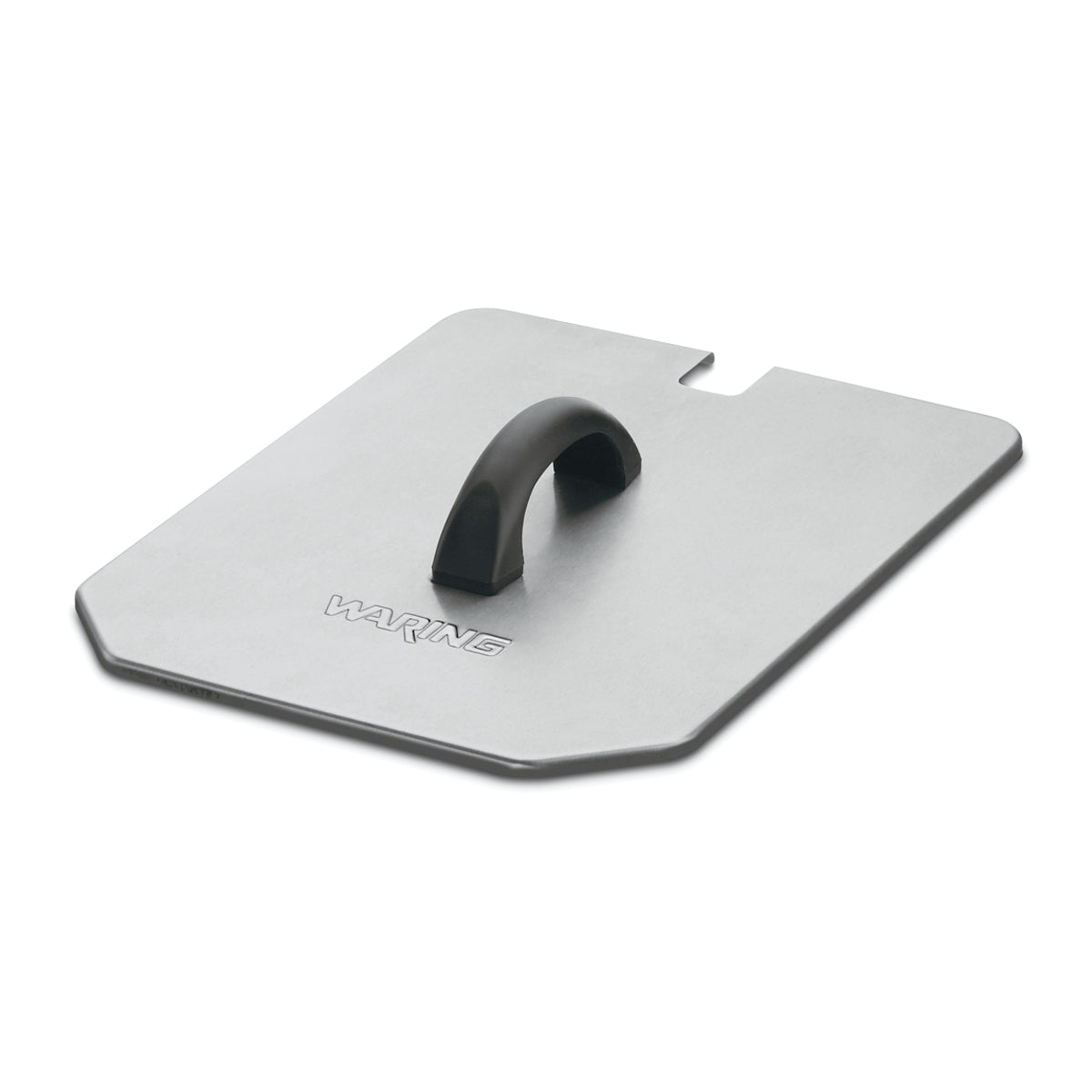 A rectangular stainless steel press with beveled corners, a black curved handle, and the brand name "Waring" embossed near the handle. Ideal for use with a 15-lb fryer or as a Night Cover, it features a small notch on one side and rests on a white background.