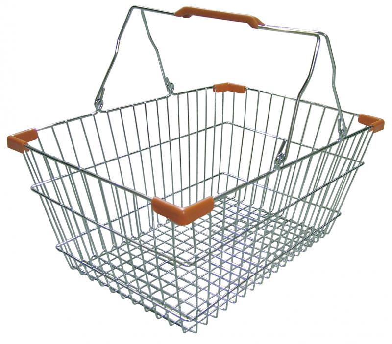 A metal shopping hand basket with steel handles, orange plastic grips, and a grid-patterned base. The handles are upright, and the empty basket is shown against a plain white background.