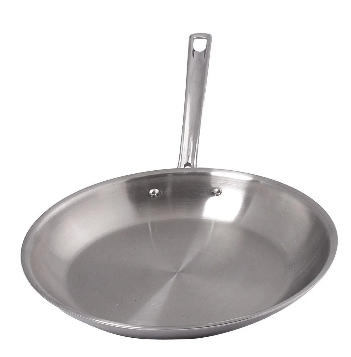 The Primo Fry Pan is a stainless steel fry pan with a shiny, reflective surface and a long handle featuring a hole for hanging. Its gently sloped sides and two rivets secure the handle, shown elegantly against a white background.