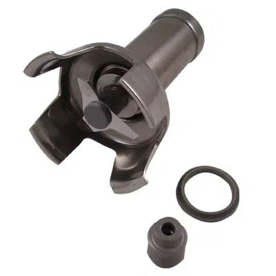 A metal automotive part with a forked end, circular inner component, and three accessories—a round rubber O-ring, small cylindrical rubber piece, and a small blade & housing assembly—set against a white background.