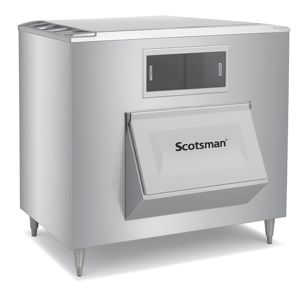 A large, upright ice storage bin with a 1755 lb capacity, featuring short legs, a front-facing door labeled “Scotsman,” and a small rectangular window. The smooth stainless steel exterior has a flat top with a vented section on the left.