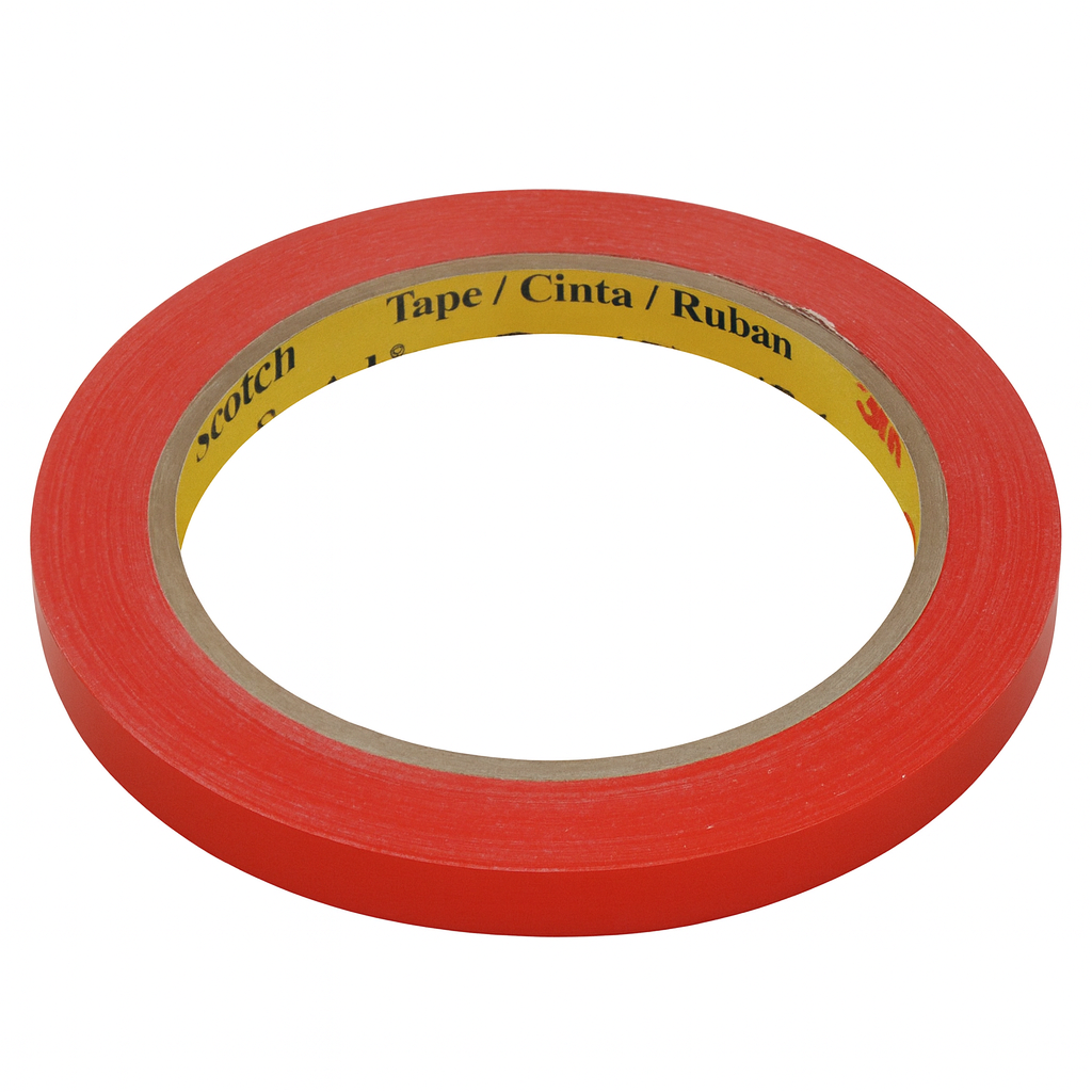 A roll of red Scotsman tape with a yellow inner label that reads Tape / Cinta / Ruban. This thin, circular tape with a visible cardboard core is ideal for ice bagging supplies or use with an ice bagger. The 3M brand appears faintly on the label.