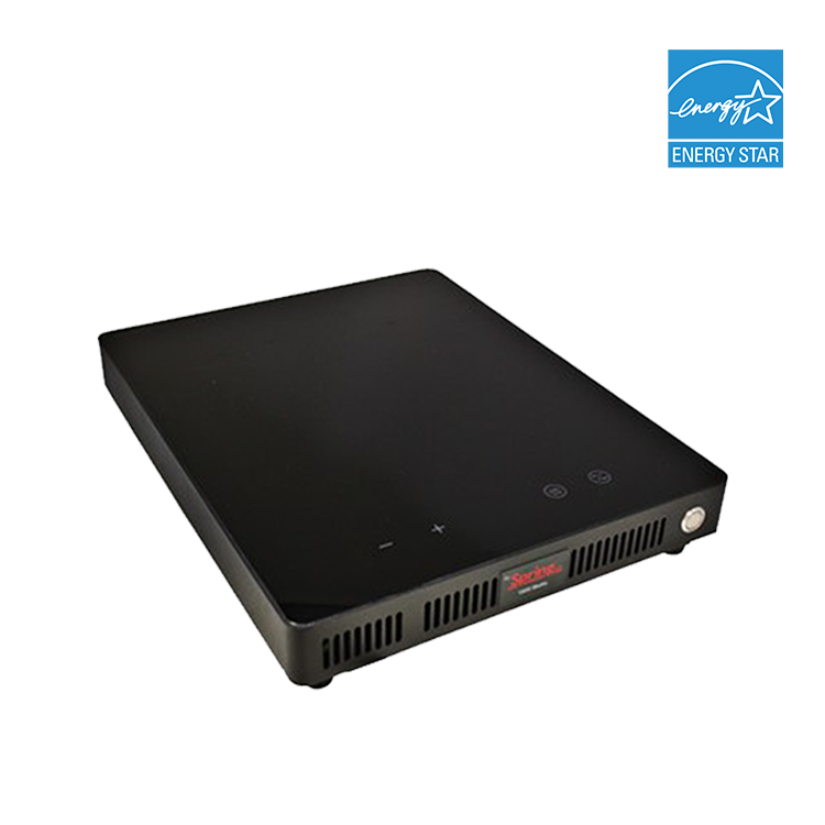 A black portable induction cooktop with touch controls and vent slots. The display features the brand “Sunblaze” and three touch icons. This ENERGY STAR countertop cooktop is energy efficient, with a white background highlighting its sleek design.