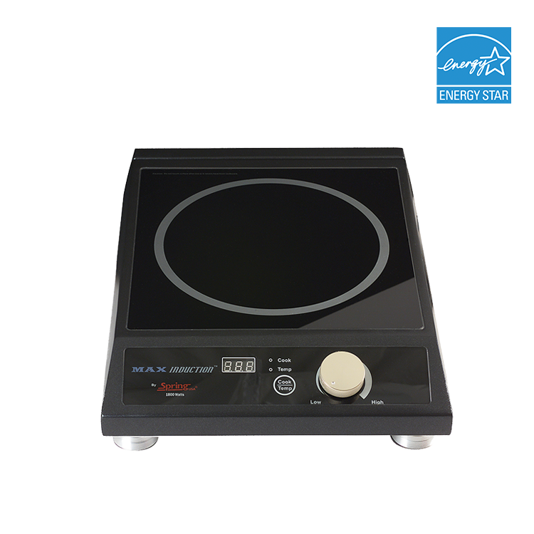 A black countertop induction range with a digital display, control knob, and labeled buttons on the front panel. The cooktop features a single circular cooking zone. An ENERGY STAR logo in the top right corner highlights its energy efficiency.